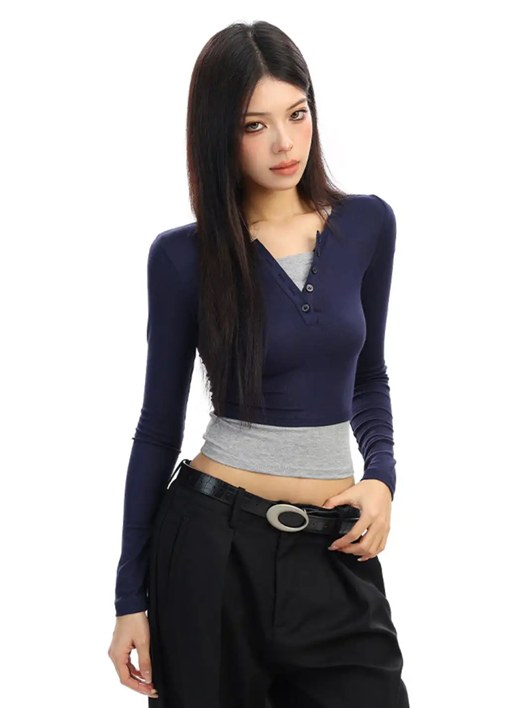 BIGGOLD | Color-Blocked Faux Two-Piece Long-Sleeved T-Shirt