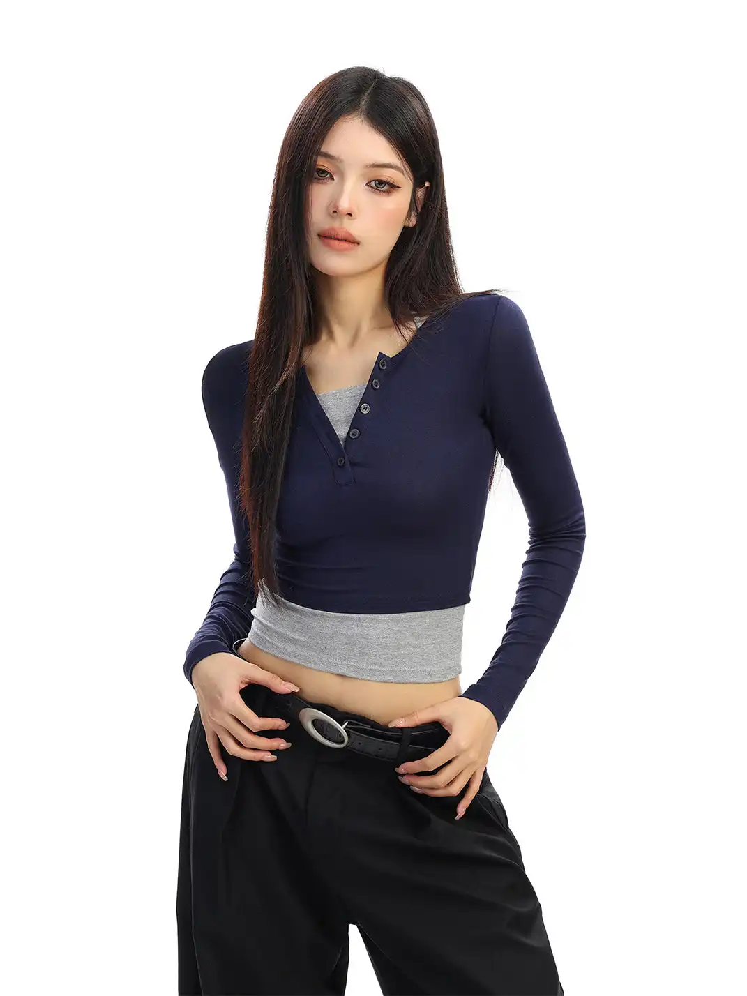 BIGGOLD | Color-Blocked Faux Two-Piece Long-Sleeved T-Shirt
