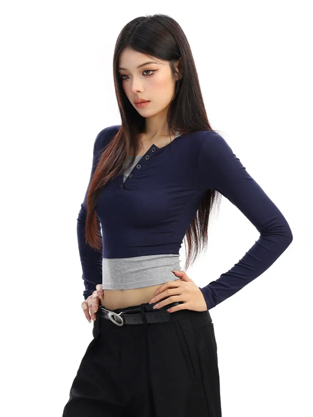 BIGGOLD | Color-Blocked Faux Two-Piece Long-Sleeved T-Shirt