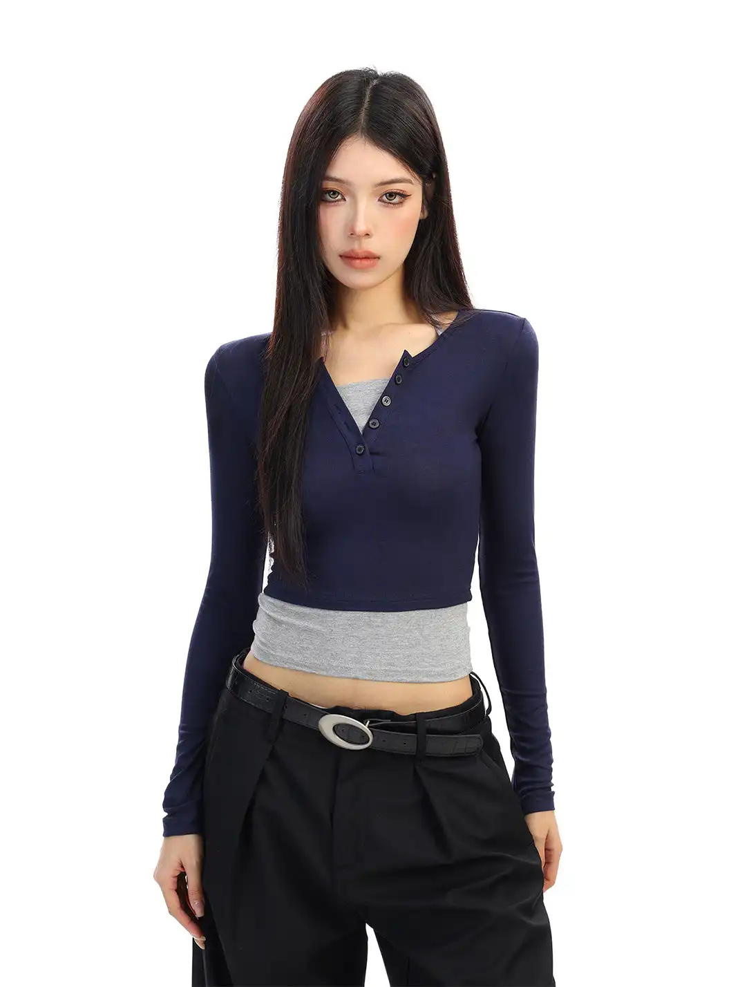 BIGGOLD | Color-Blocked Faux Two-Piece Long-Sleeved T-Shirt