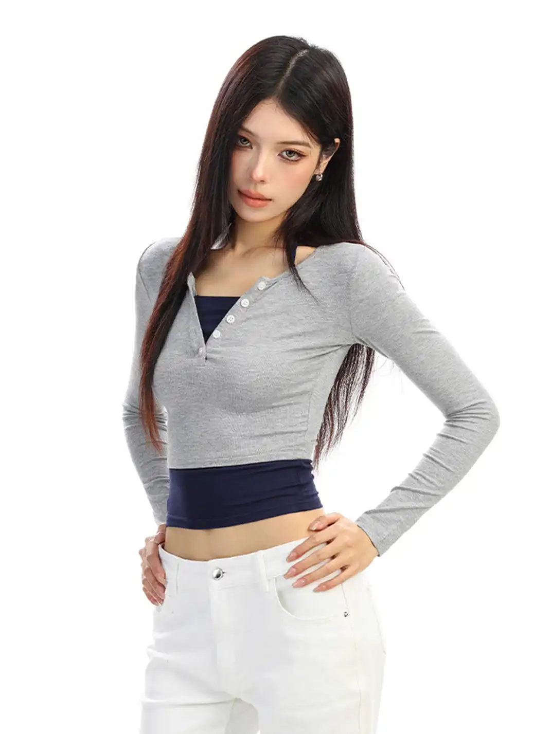 BIGGOLD | Color-Blocked Faux Two-Piece Long-Sleeved T-Shirt