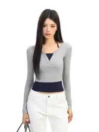 BIGGOLD | Color-Blocked Faux Two-Piece Long-Sleeved T-Shirt
