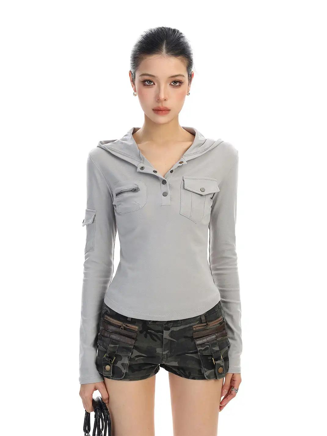 BIGGOLD | Henley Collar Hooded Workwear Long-Sleeved T-Shirt