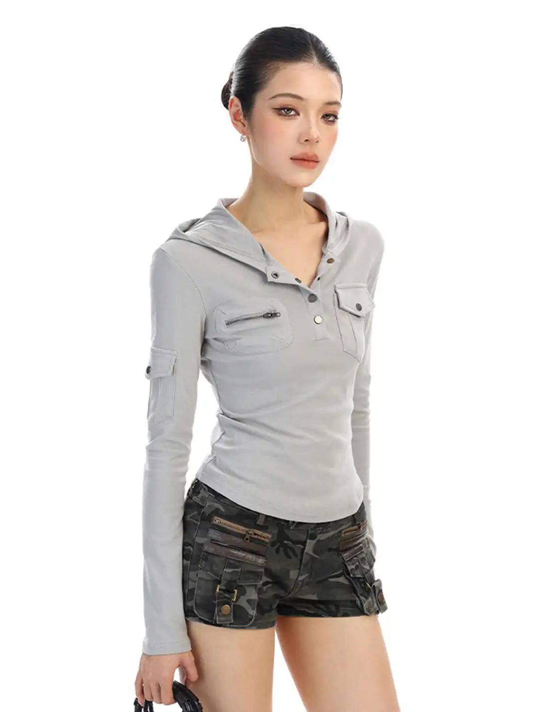 BIGGOLD | Henley Collar Hooded Workwear Long-Sleeved T-Shirt