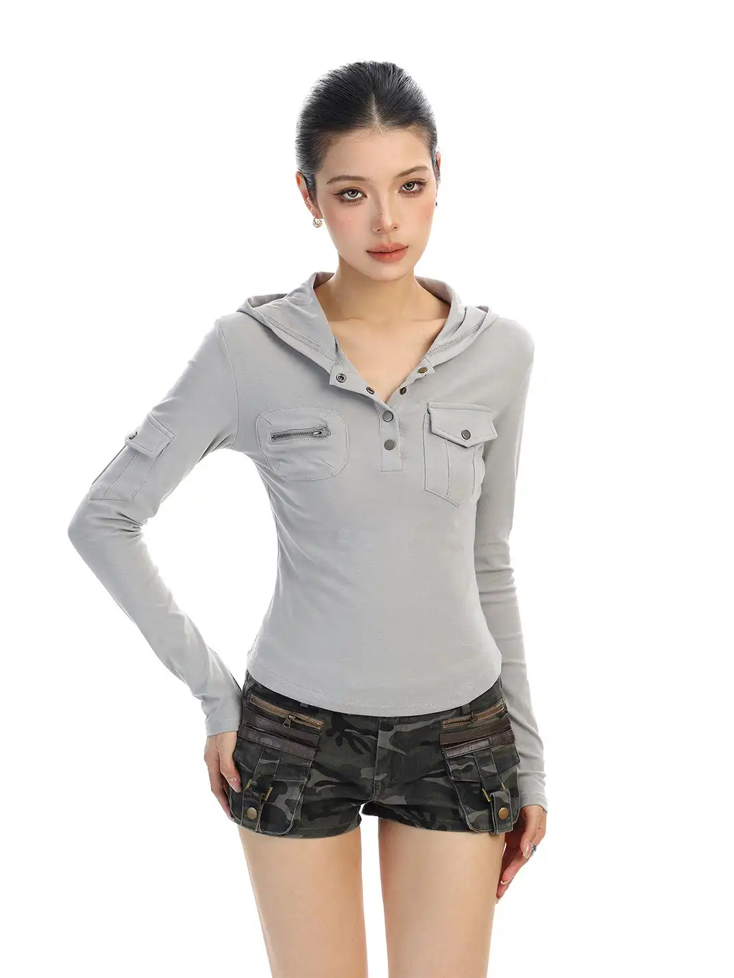 BIGGOLD | Henley Collar Hooded Workwear Long-Sleeved T-Shirt