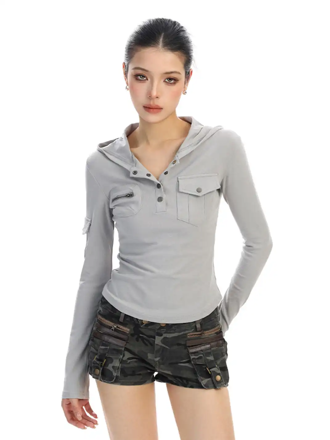 BIGGOLD | Henley Collar Hooded Workwear Long-Sleeved T-Shirt