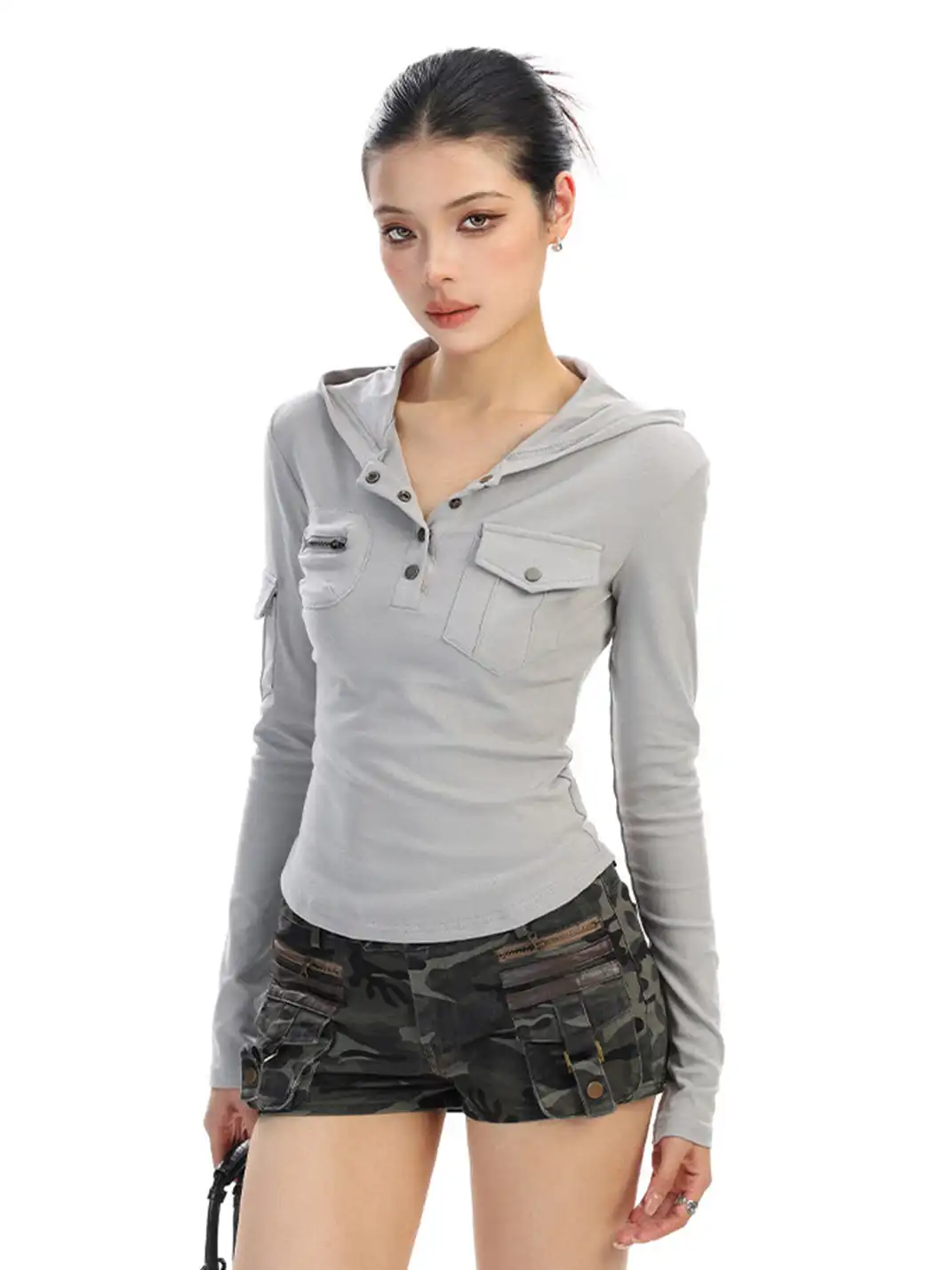 BIGGOLD | Henley Collar Hooded Workwear Long-Sleeved T-Shirt