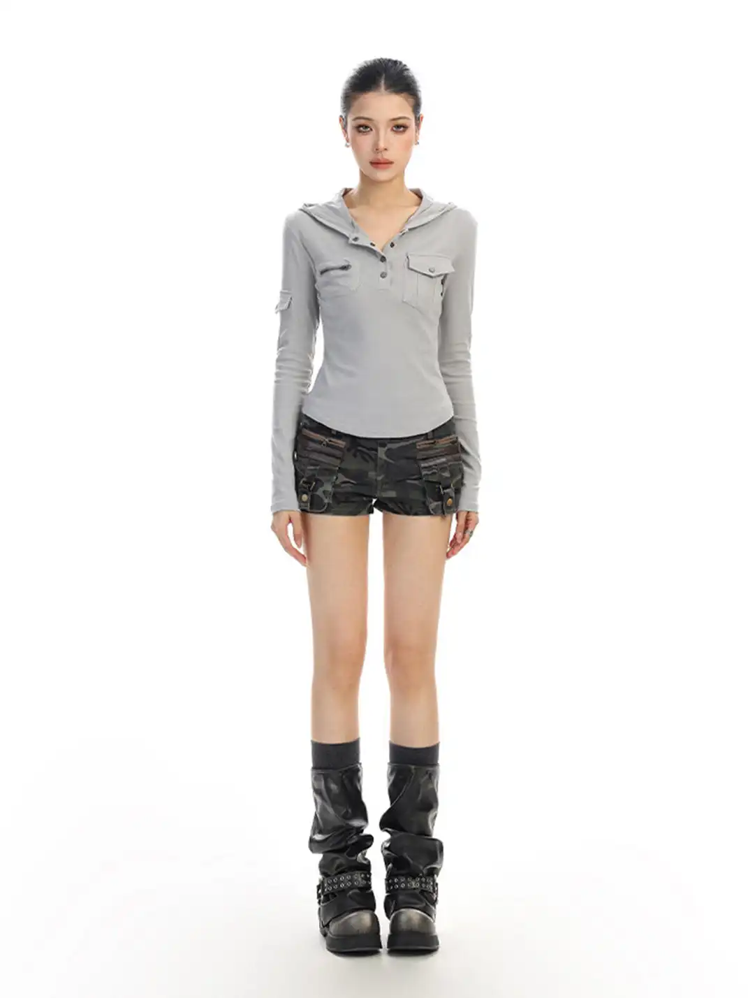 BIGGOLD | Henley Collar Hooded Workwear Long-Sleeved T-Shirt