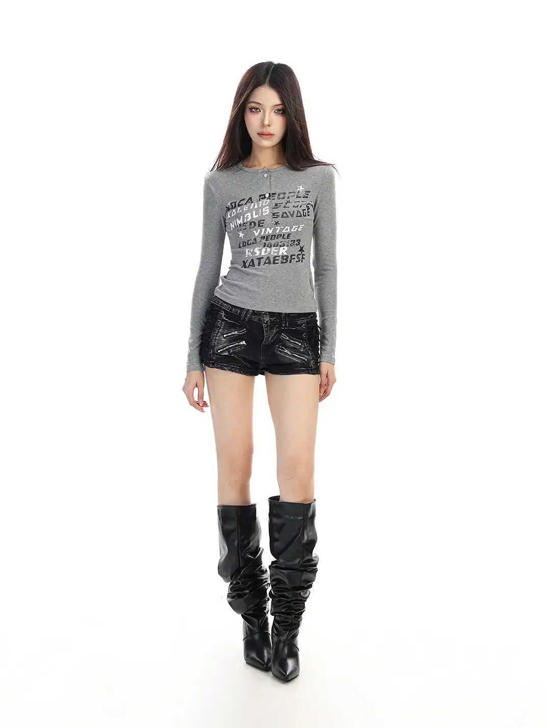 BIGGOLD | Graffiti Letter V-neck Long-sleeved T-shirt