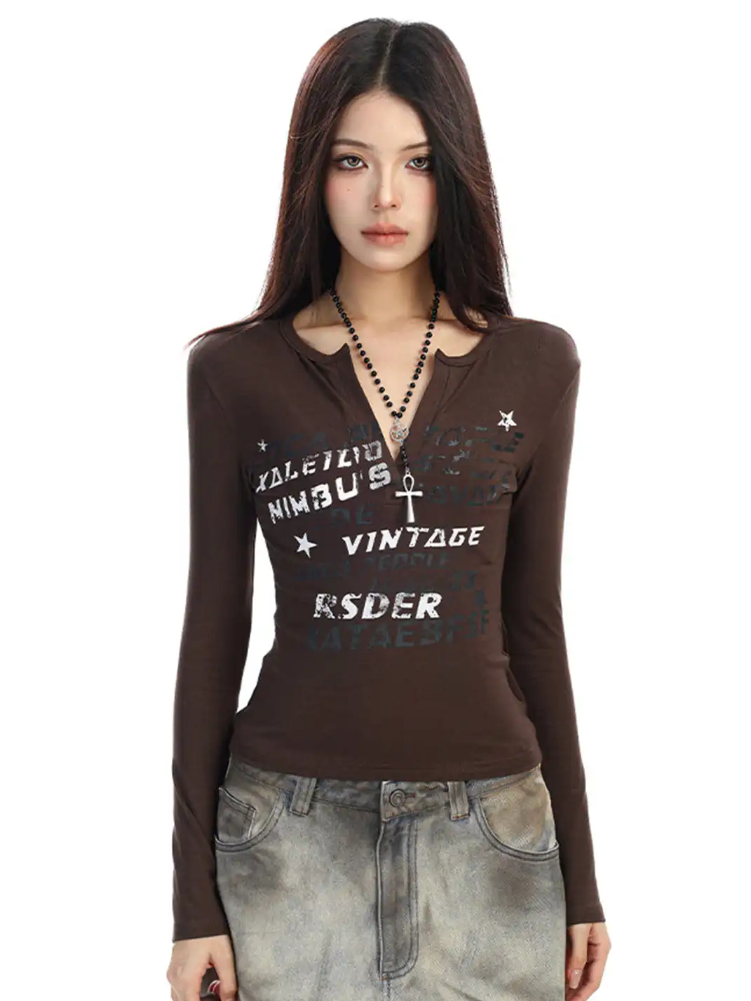 BIGGOLD | Graffiti Letter V-neck Long-sleeved T-shirt