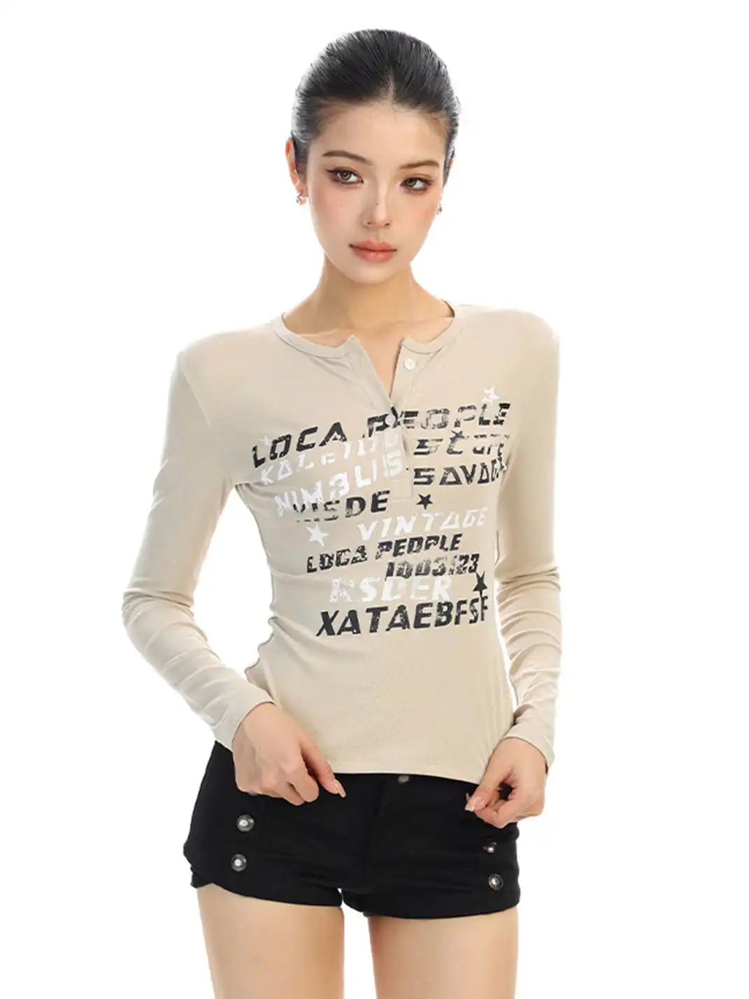 BIGGOLD | Graffiti Letter V-neck Long-sleeved T-shirt