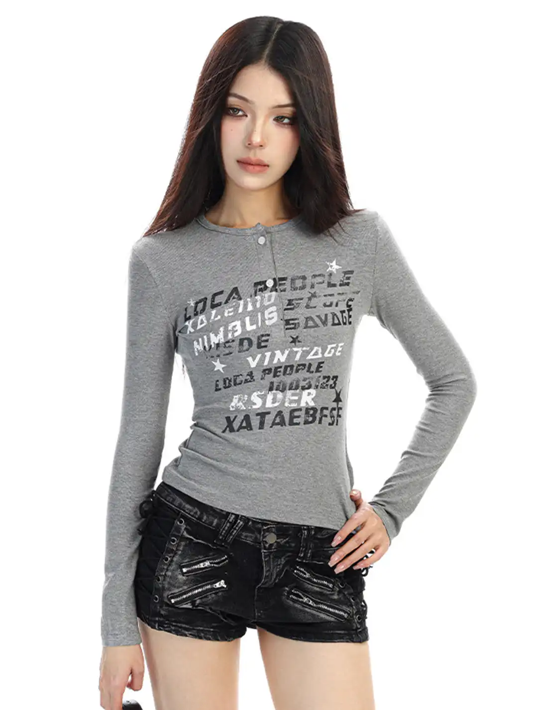 BIGGOLD | Graffiti Letter V-neck Long-sleeved T-shirt