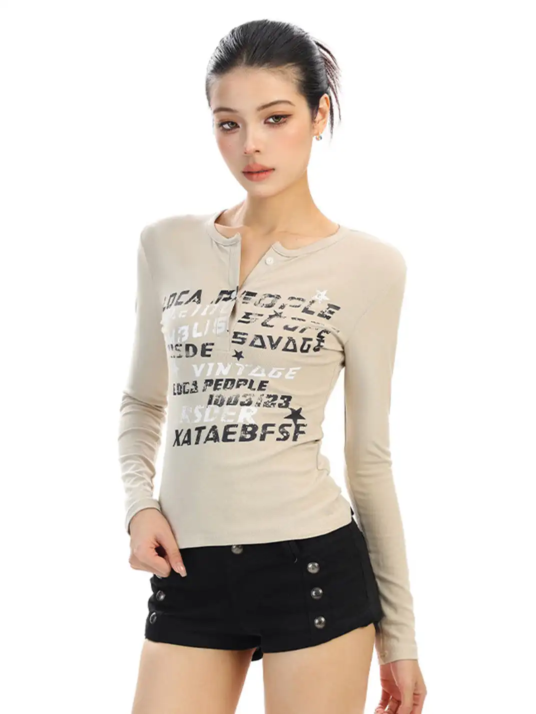 BIGGOLD | Graffiti Letter V-neck Long-sleeved T-shirt