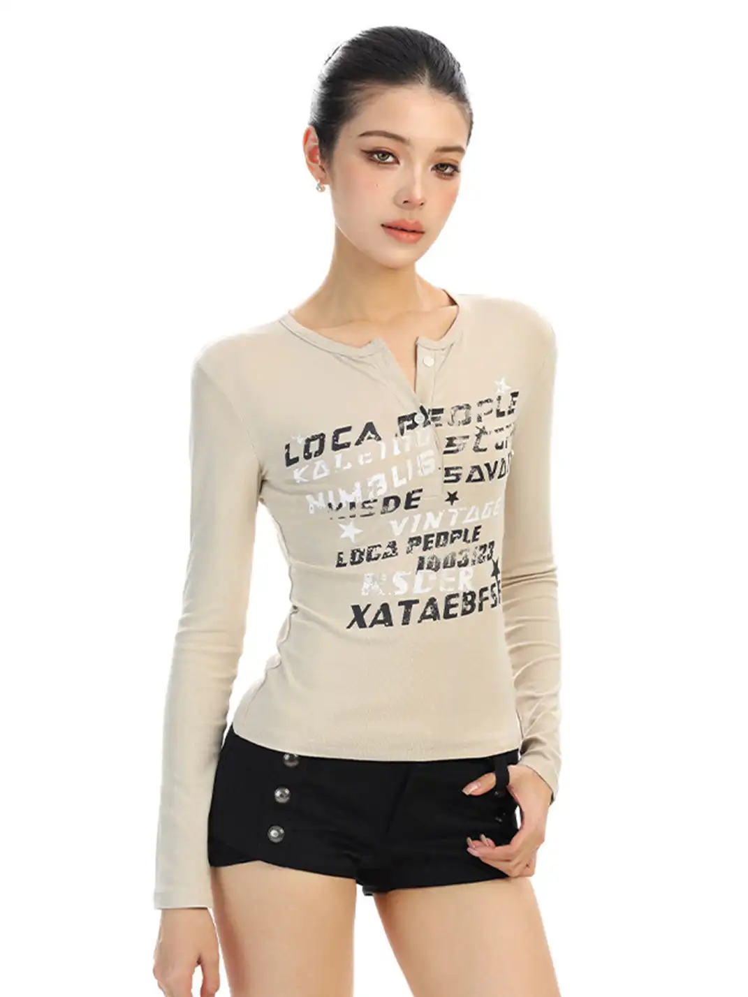 BIGGOLD | Graffiti Letter V-neck Long-sleeved T-shirt