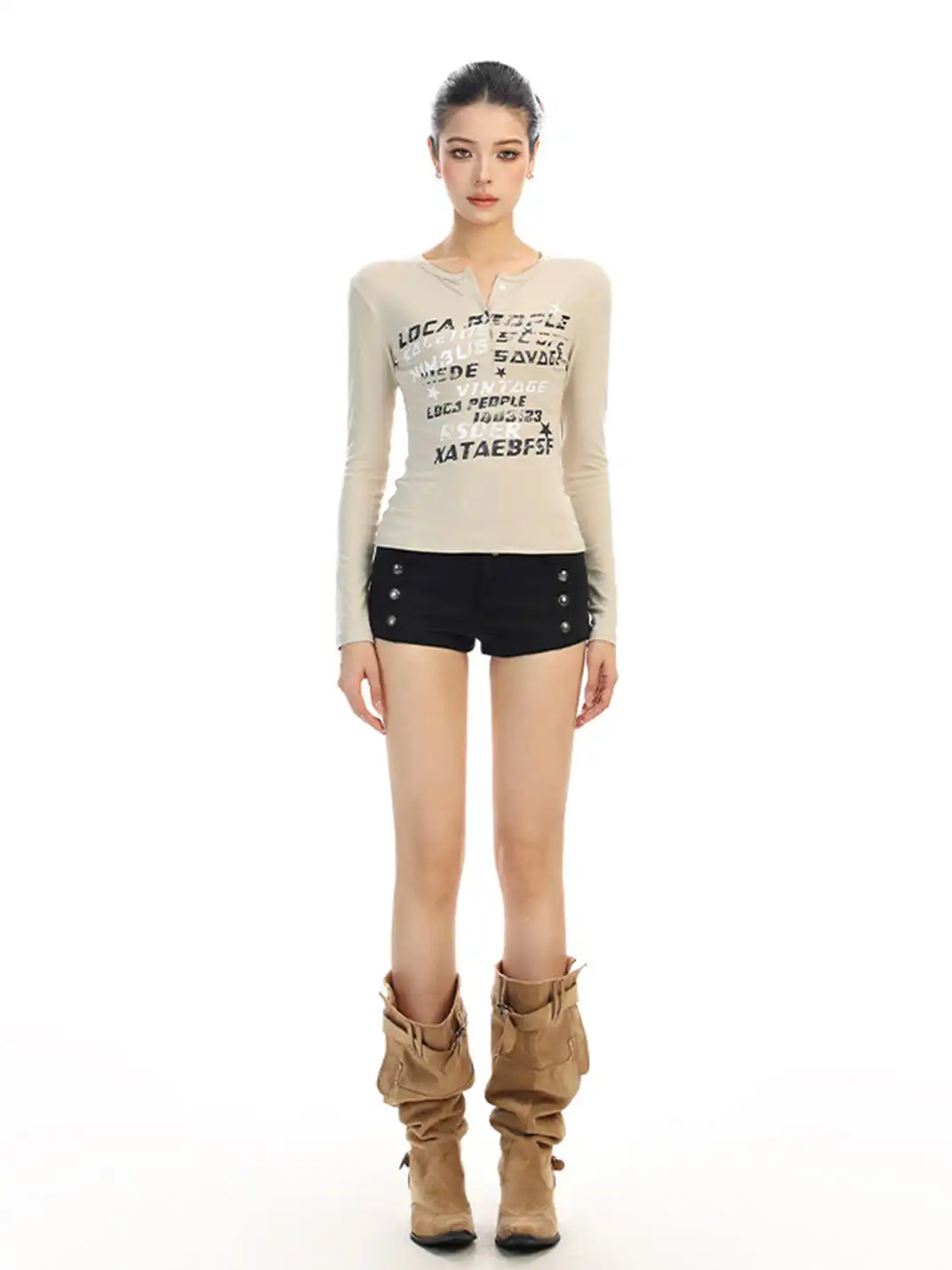 BIGGOLD | Graffiti Letter V-neck Long-sleeved T-shirt