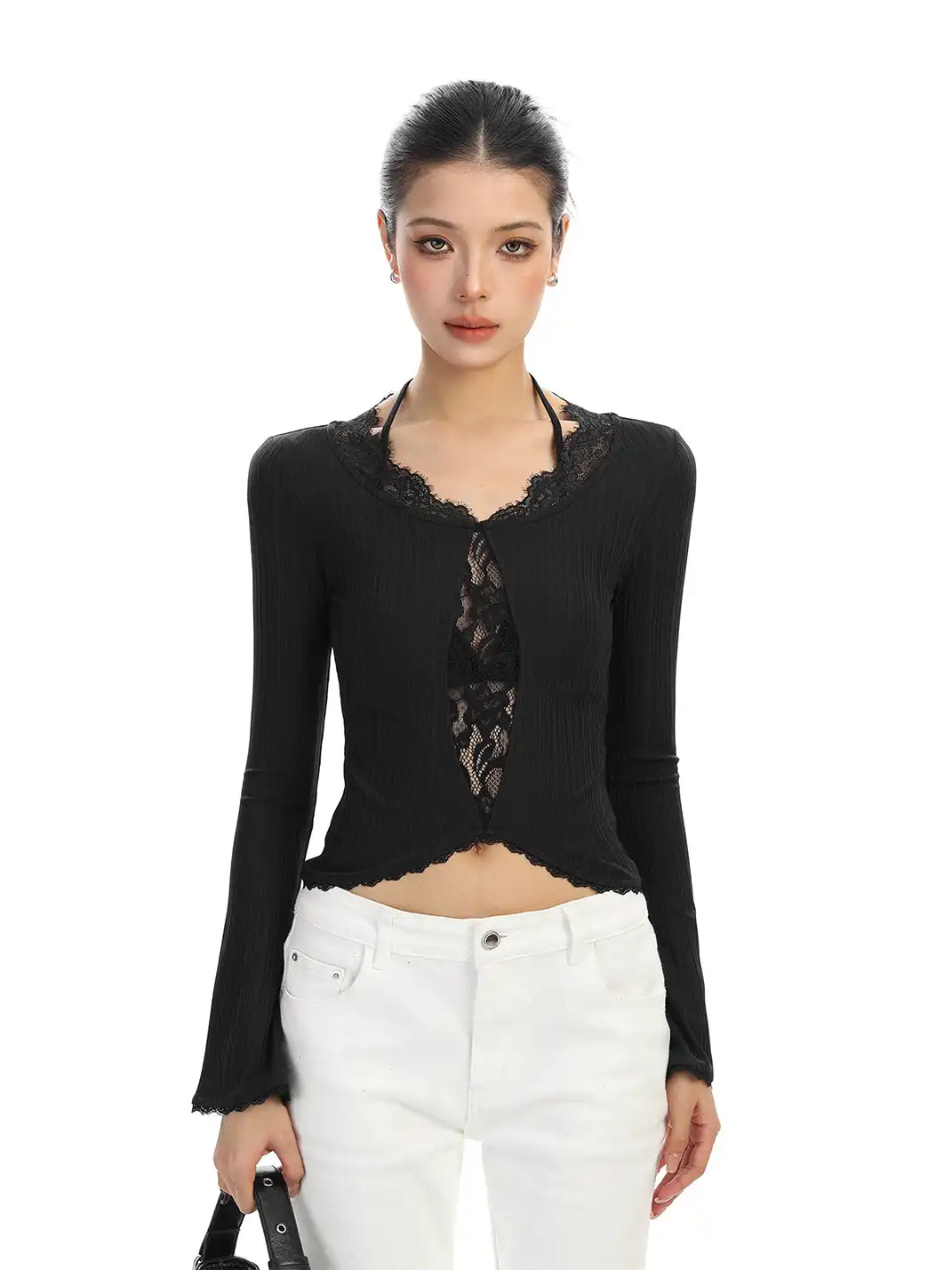 BIGGOLD | Lace-Trimmed Irregular Long-Sleeved T-Shirt