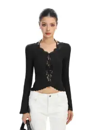 BIGGOLD | Lace-Trimmed Irregular Long-Sleeved T-Shirt