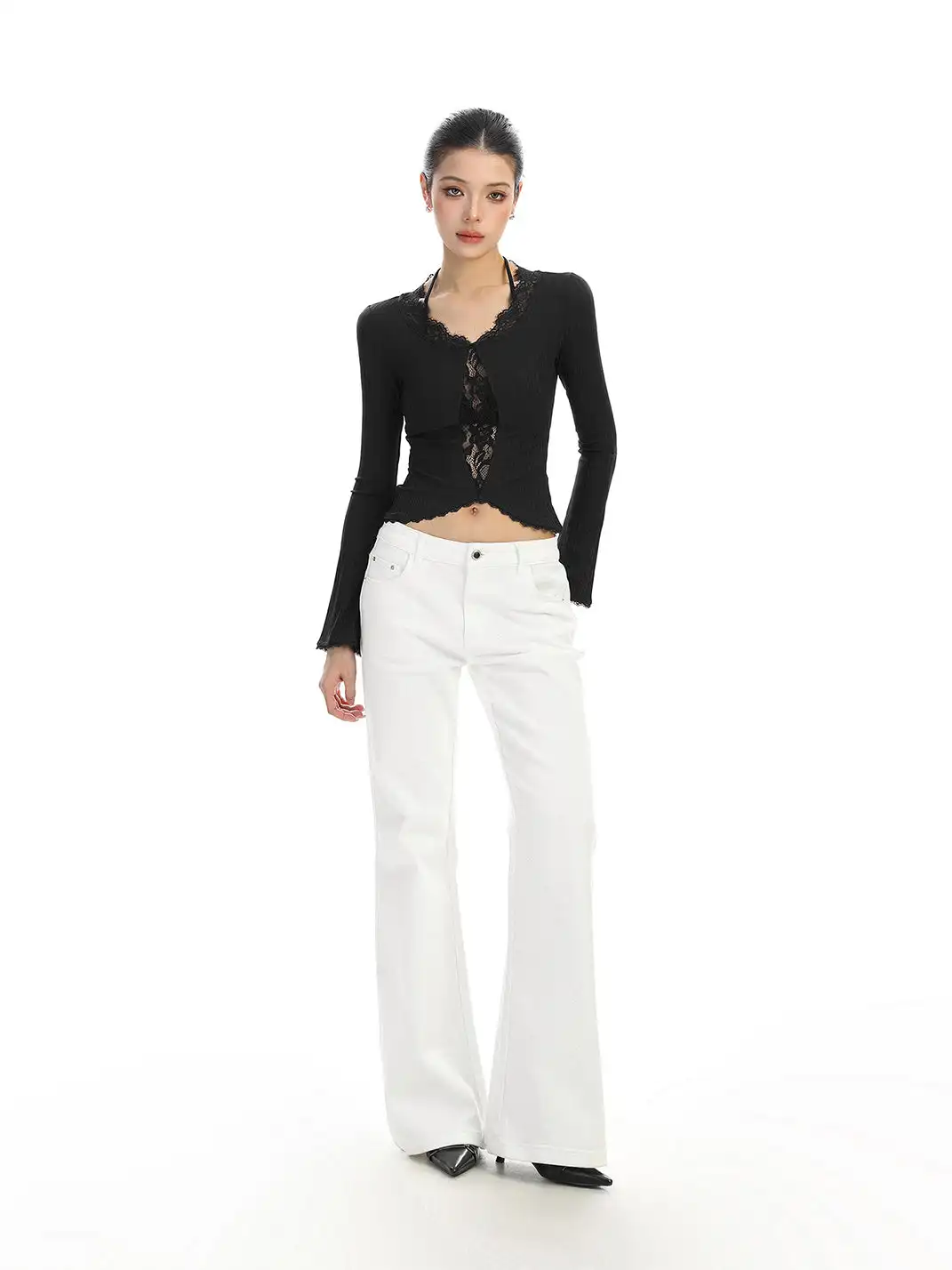 BIGGOLD | Lace-Trimmed Irregular Long-Sleeved T-Shirt