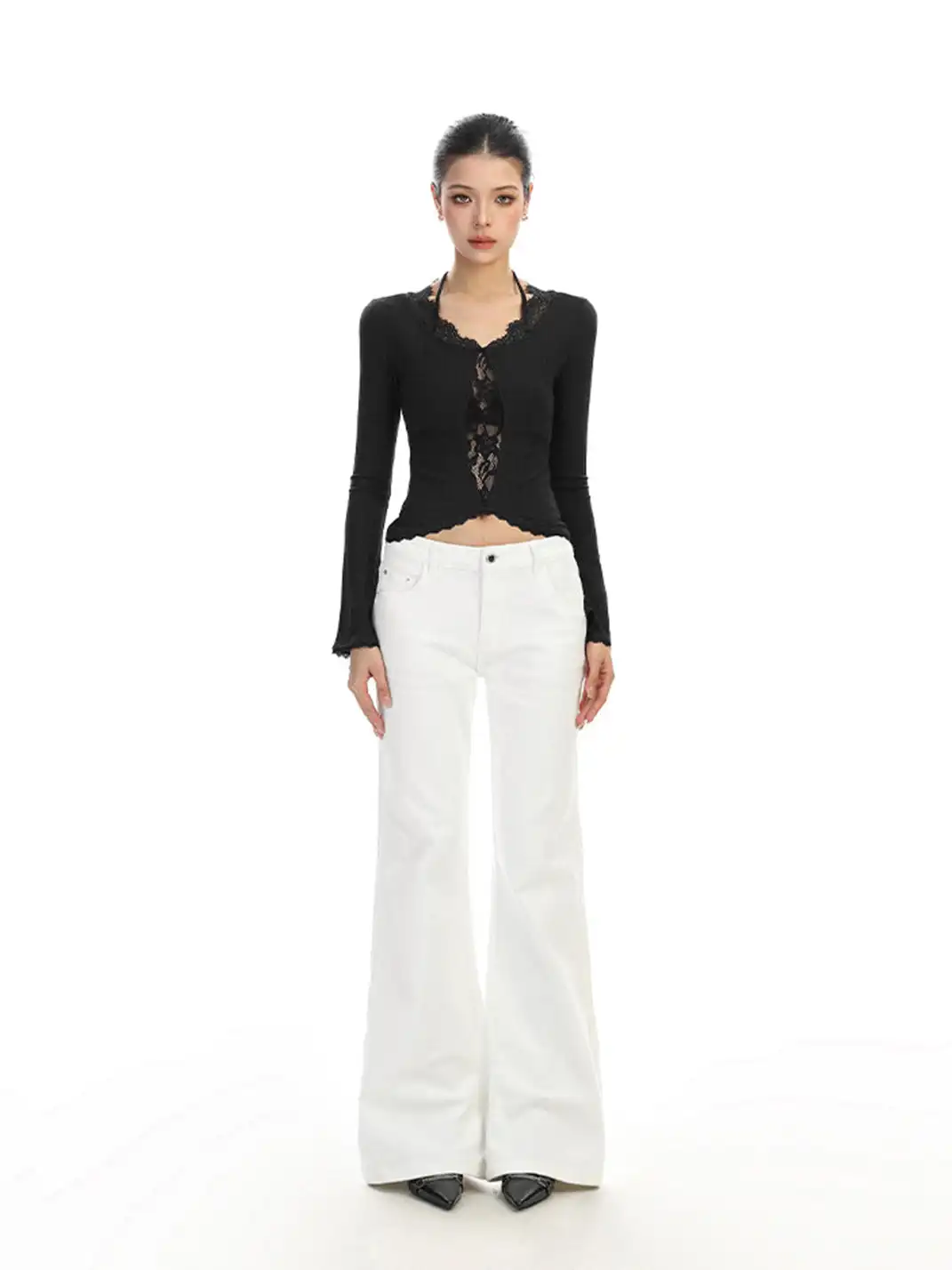 BIGGOLD | Lace-Trimmed Irregular Long-Sleeved T-Shirt