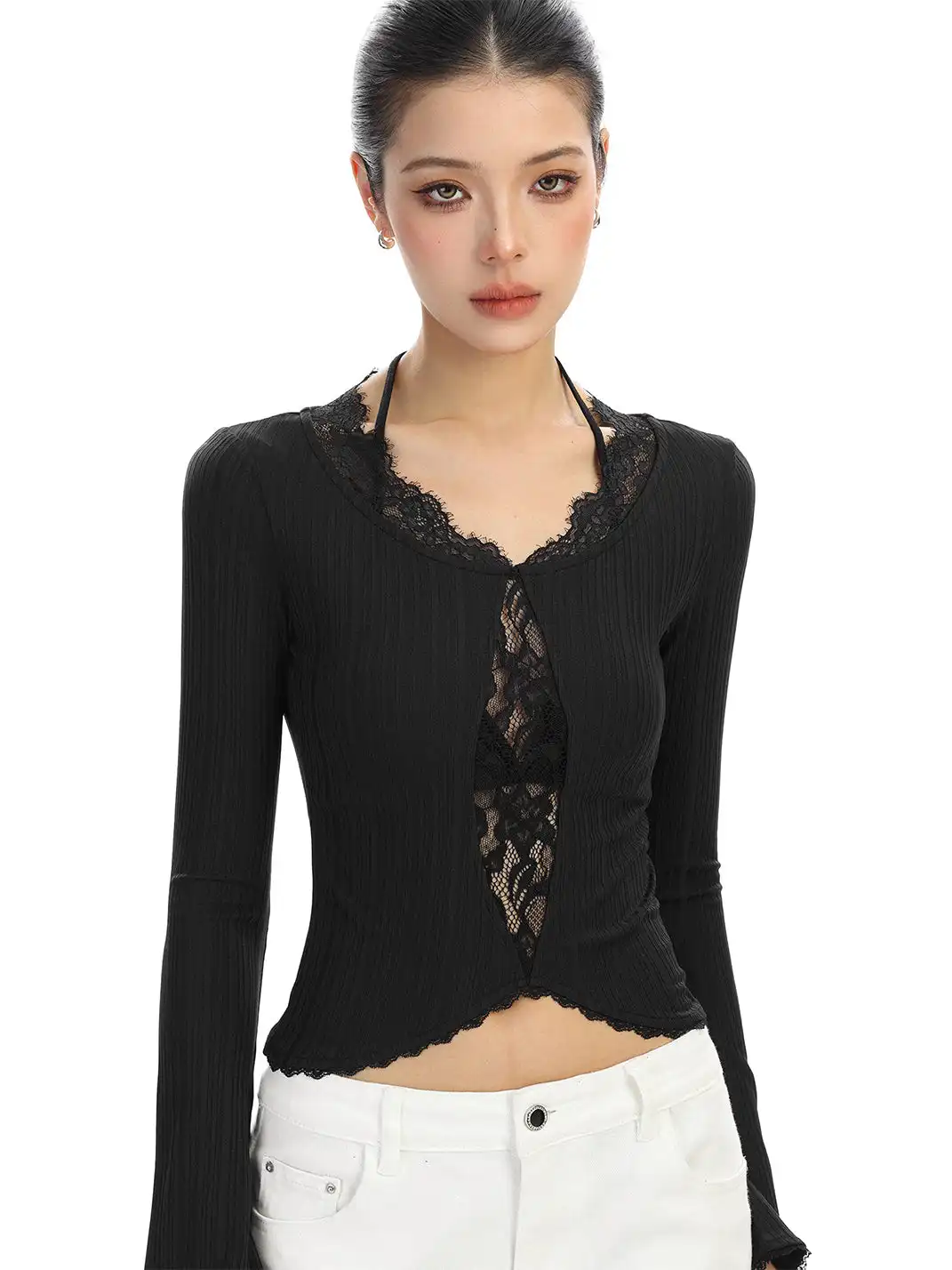 BIGGOLD | Lace-Trimmed Irregular Long-Sleeved T-Shirt