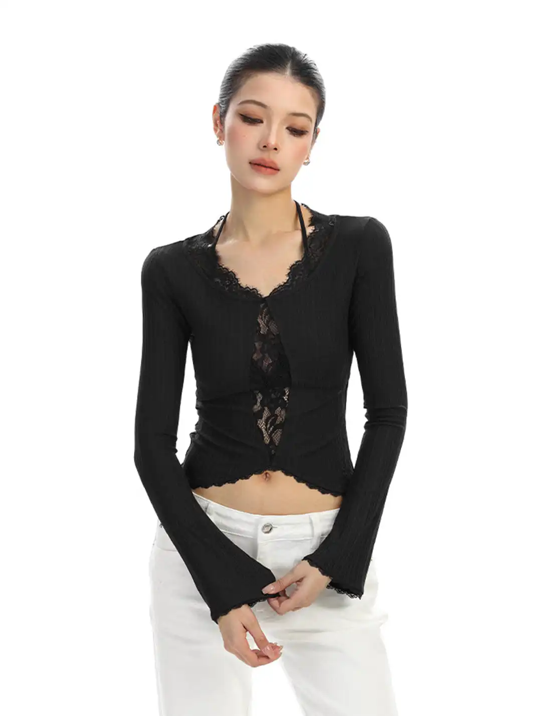 BIGGOLD | Lace-Trimmed Irregular Long-Sleeved T-Shirt