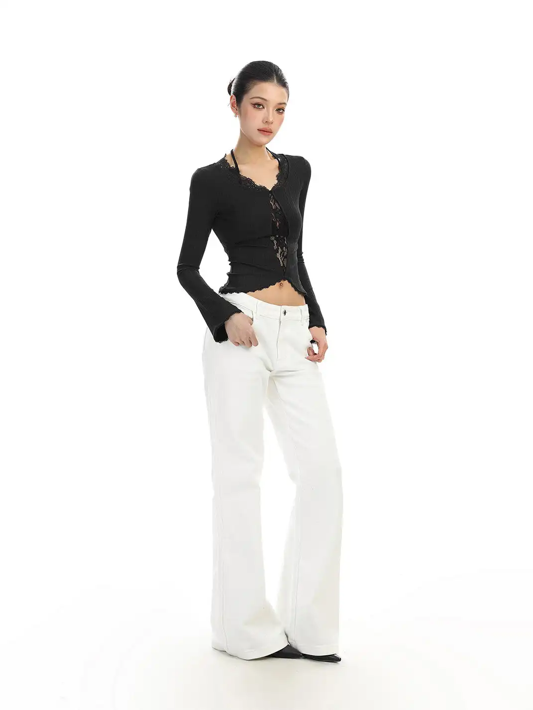 BIGGOLD | Lace-Trimmed Irregular Long-Sleeved T-Shirt
