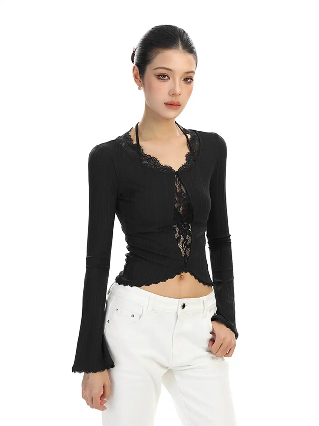 BIGGOLD | Lace-Trimmed Irregular Long-Sleeved T-Shirt