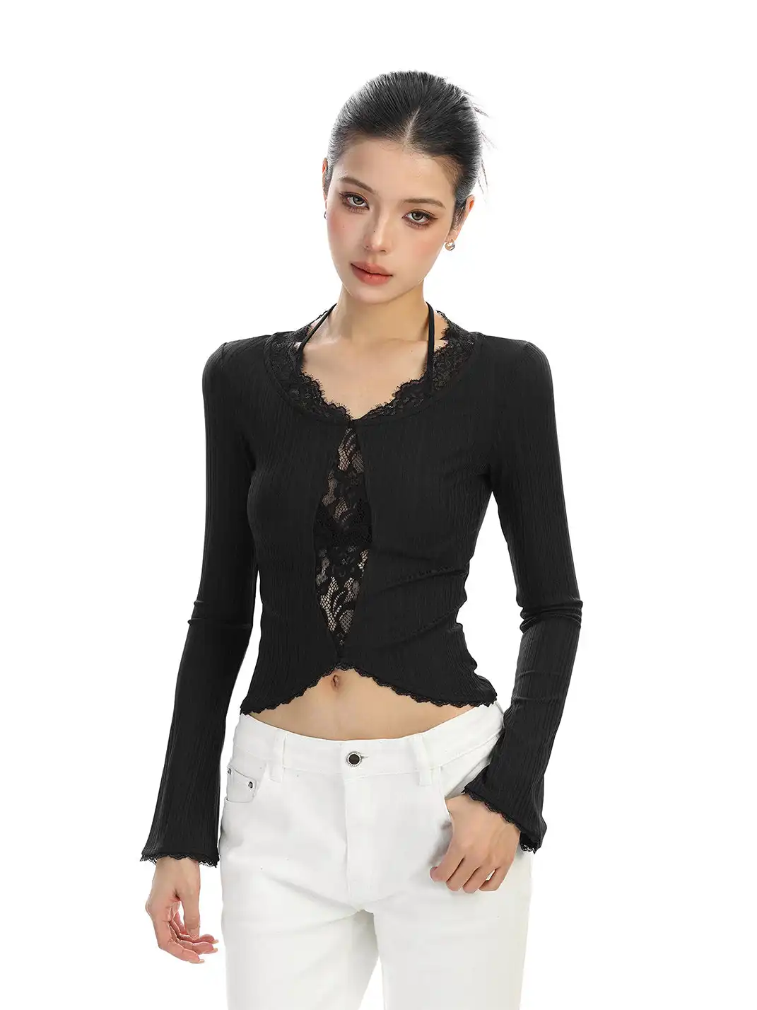 BIGGOLD | Lace-Trimmed Irregular Long-Sleeved T-Shirt