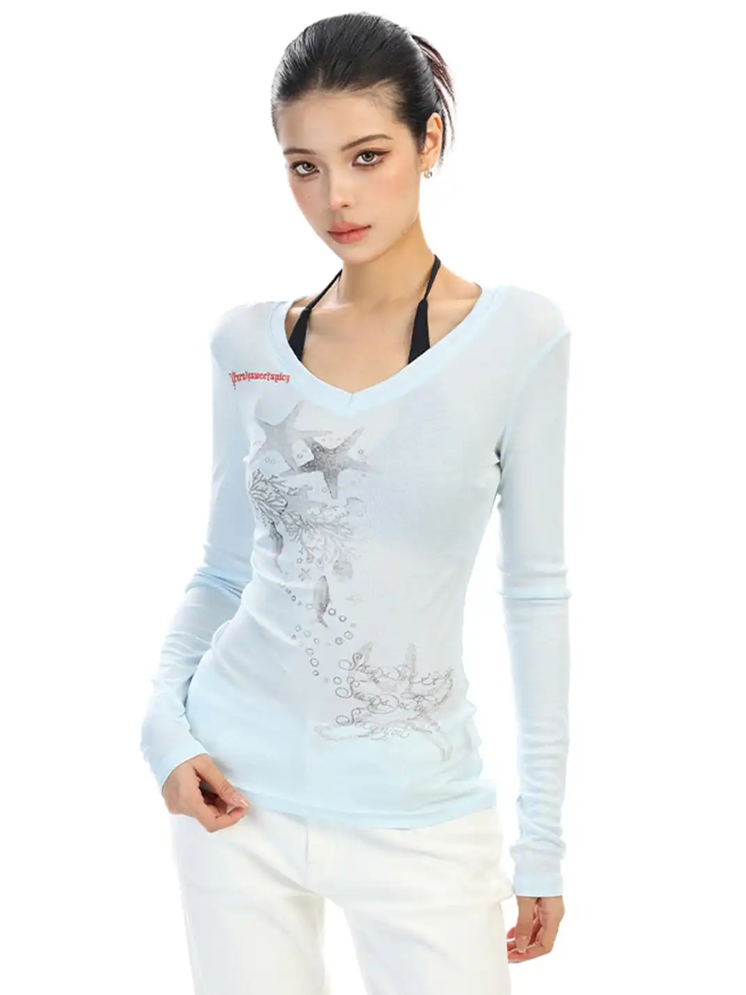 BIGGOLD | Starfish Print V-Neck Long-Sleeve T-Shirt