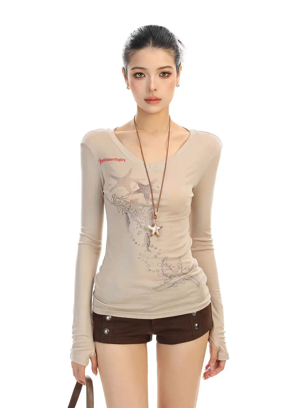 BIGGOLD | Starfish Print V-Neck Long-Sleeve T-Shirt