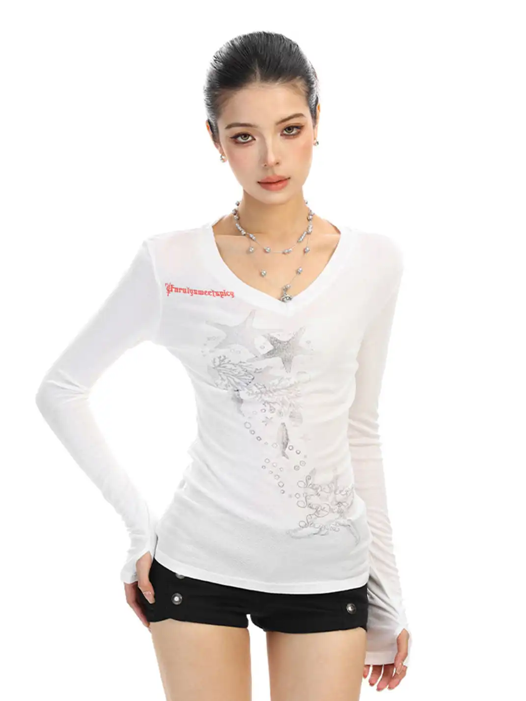 BIGGOLD | Starfish Print V-Neck Long-Sleeve T-Shirt