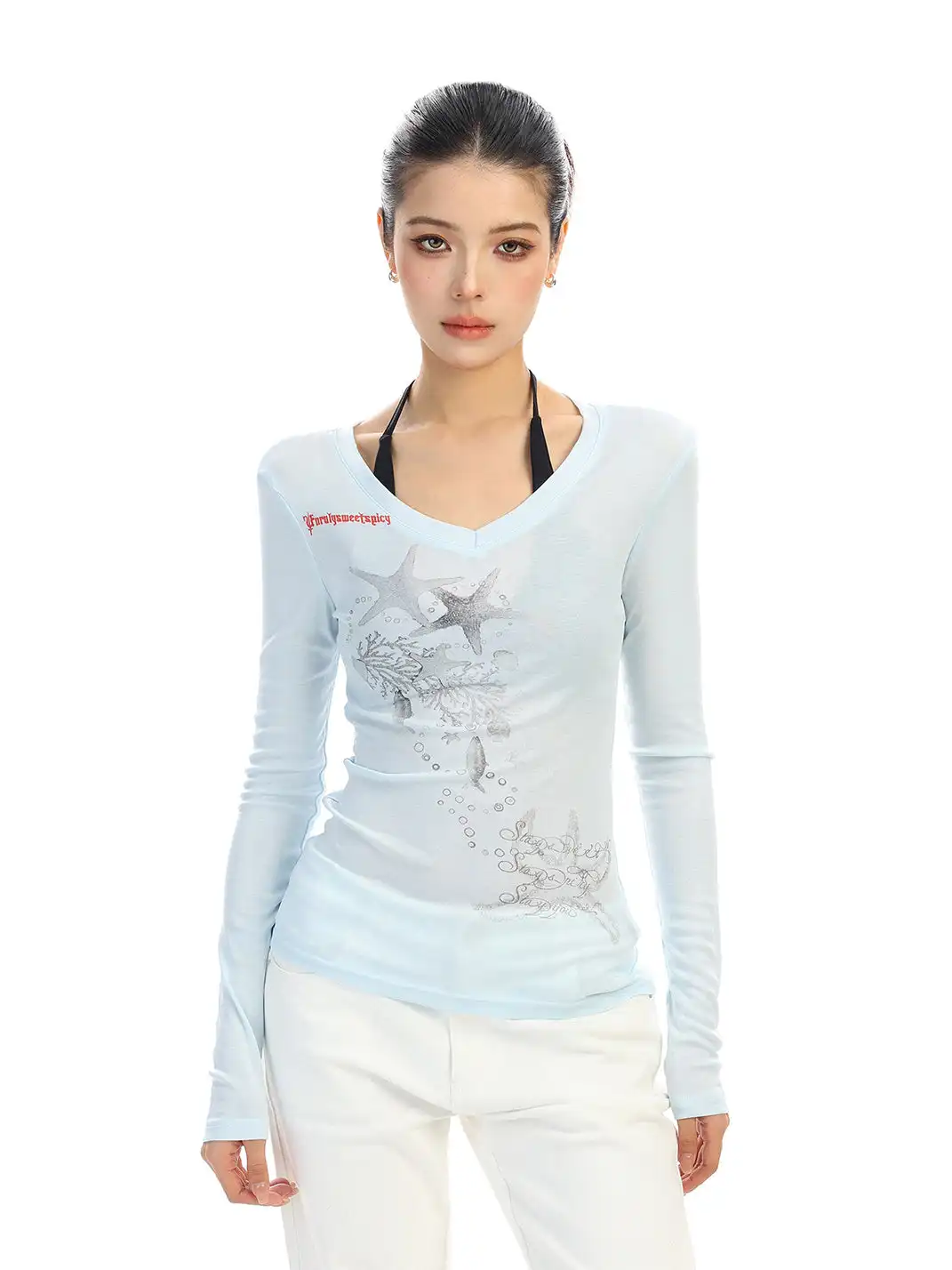 BIGGOLD | Starfish Print V-Neck Long-Sleeve T-Shirt