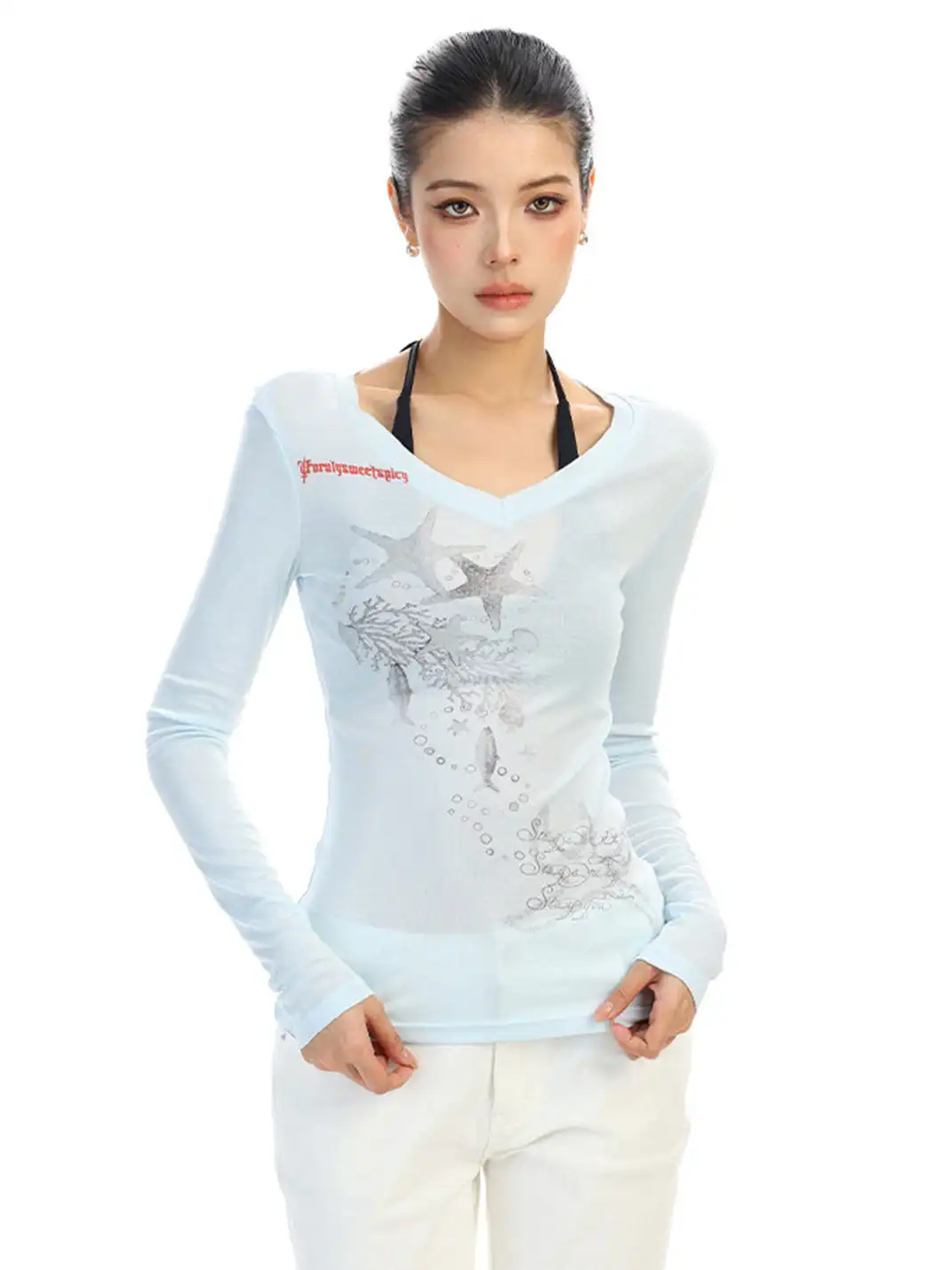 BIGGOLD | Starfish Print V-Neck Long-Sleeve T-Shirt