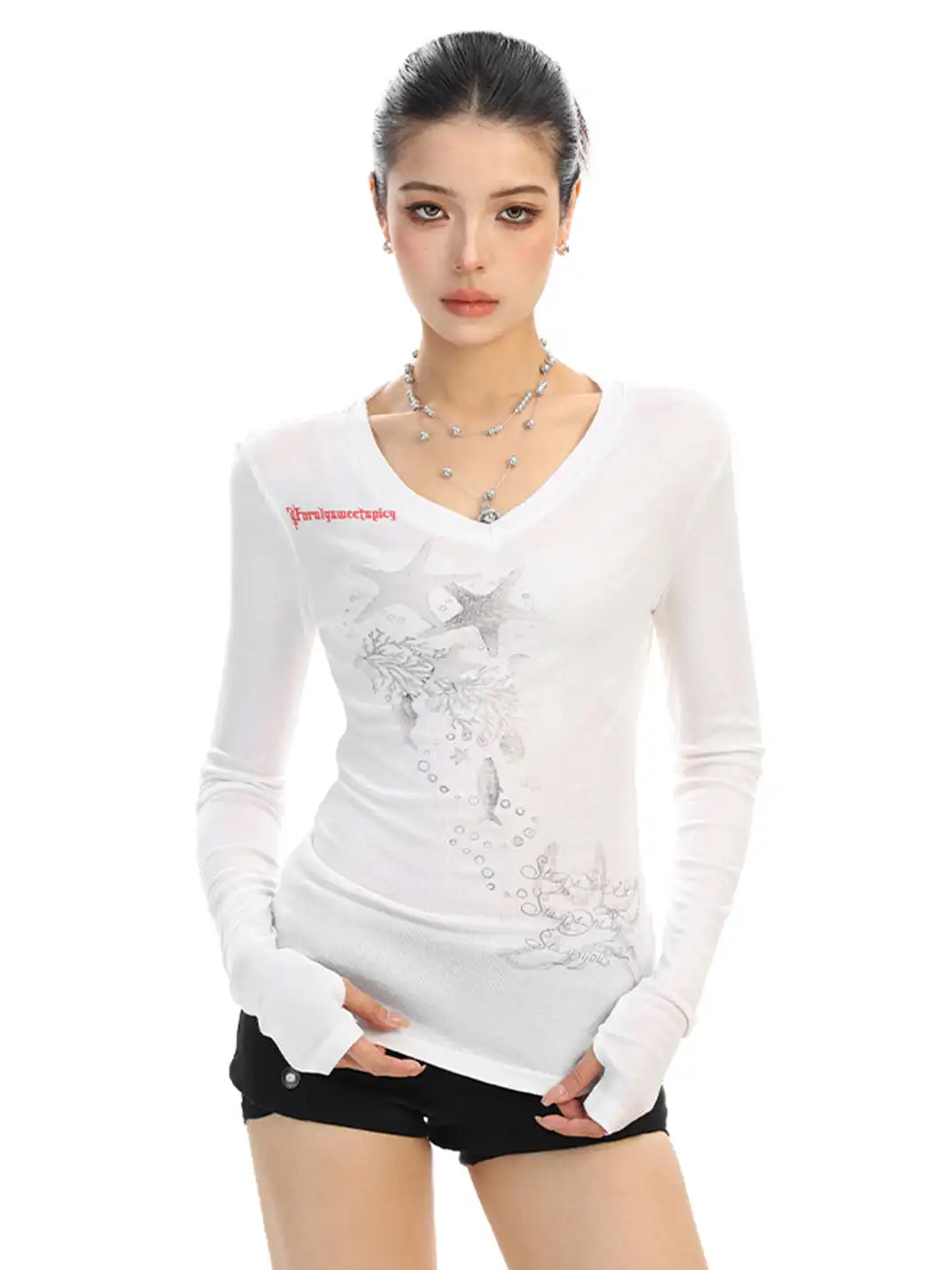 BIGGOLD | Starfish Print V-Neck Long-Sleeve T-Shirt