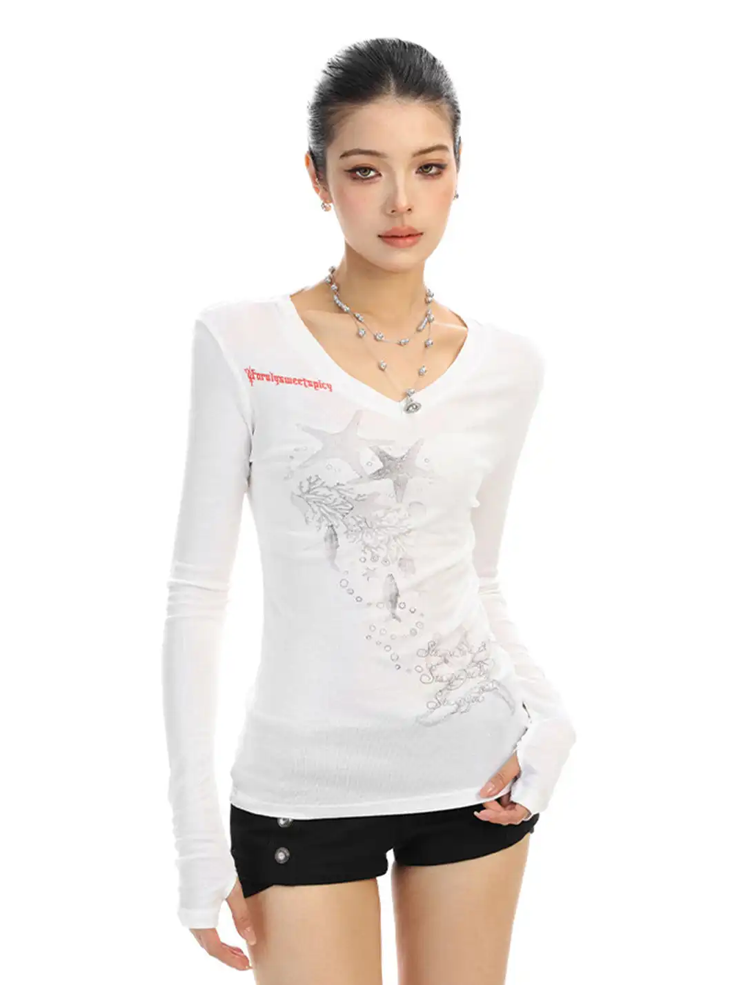 BIGGOLD | Starfish Print V-Neck Long-Sleeve T-Shirt