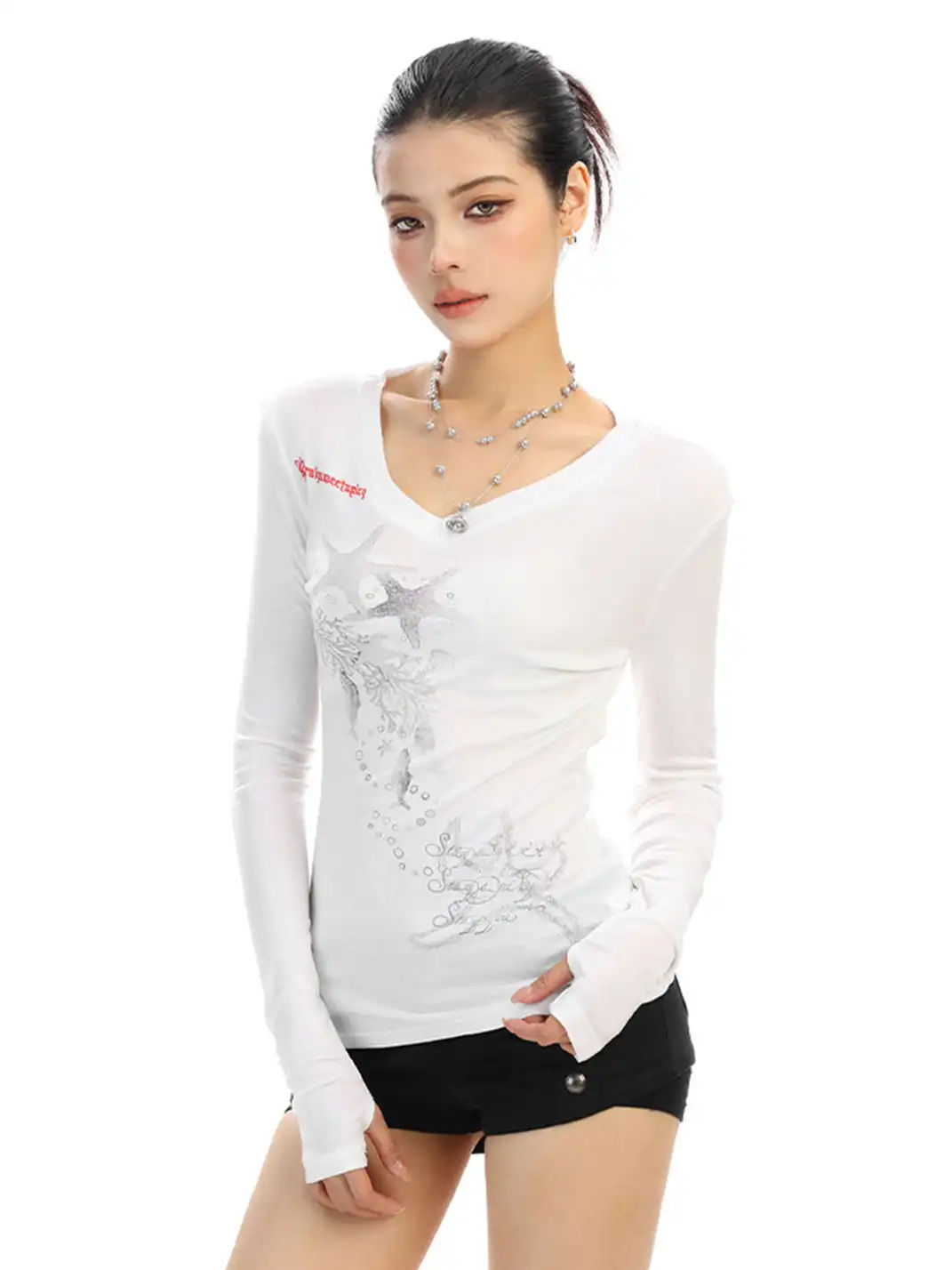 BIGGOLD | Starfish Print V-Neck Long-Sleeve T-Shirt