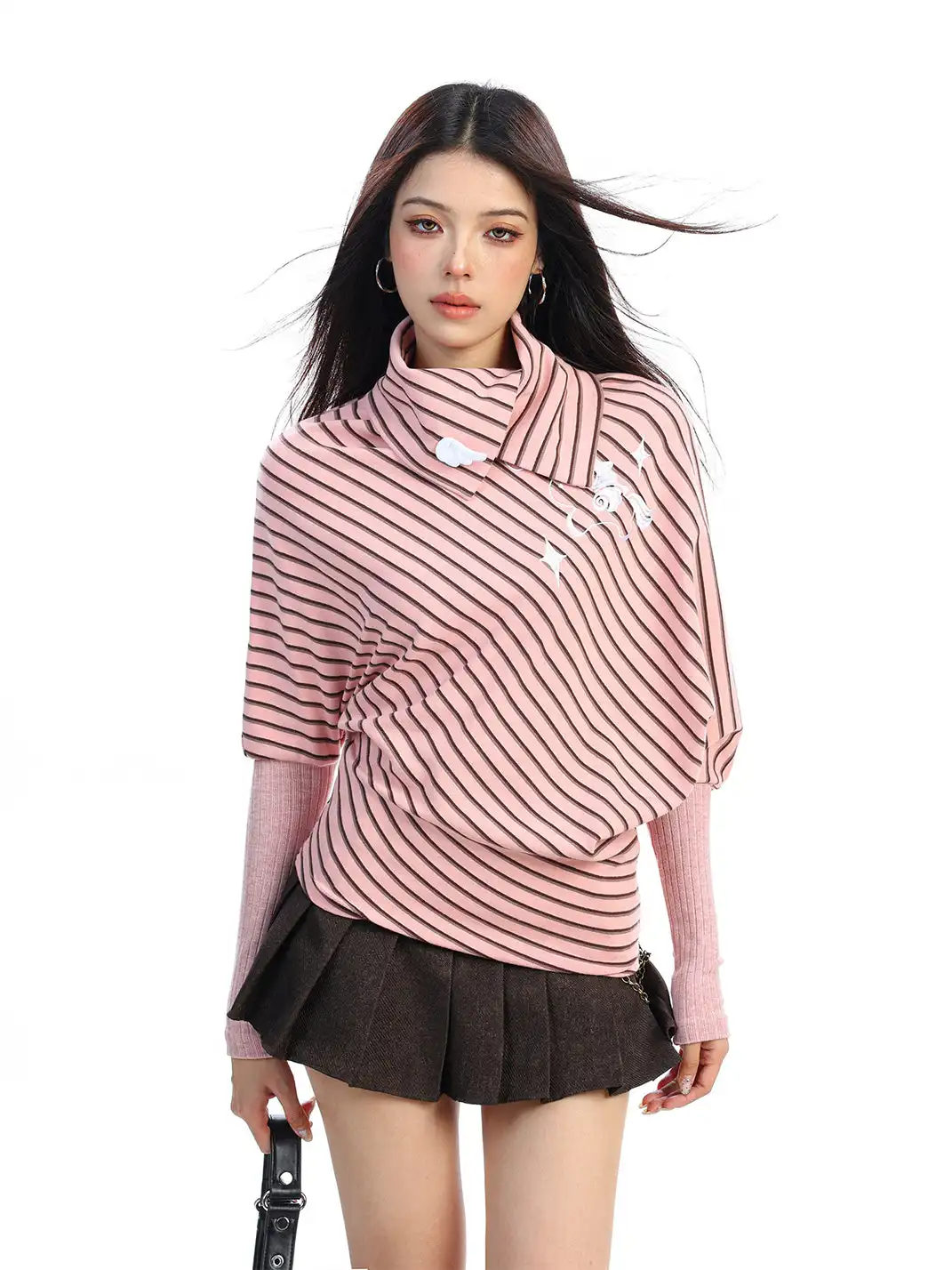 BIGGOLD | Irregular Striped Turtleneck Long-Sleeved Top