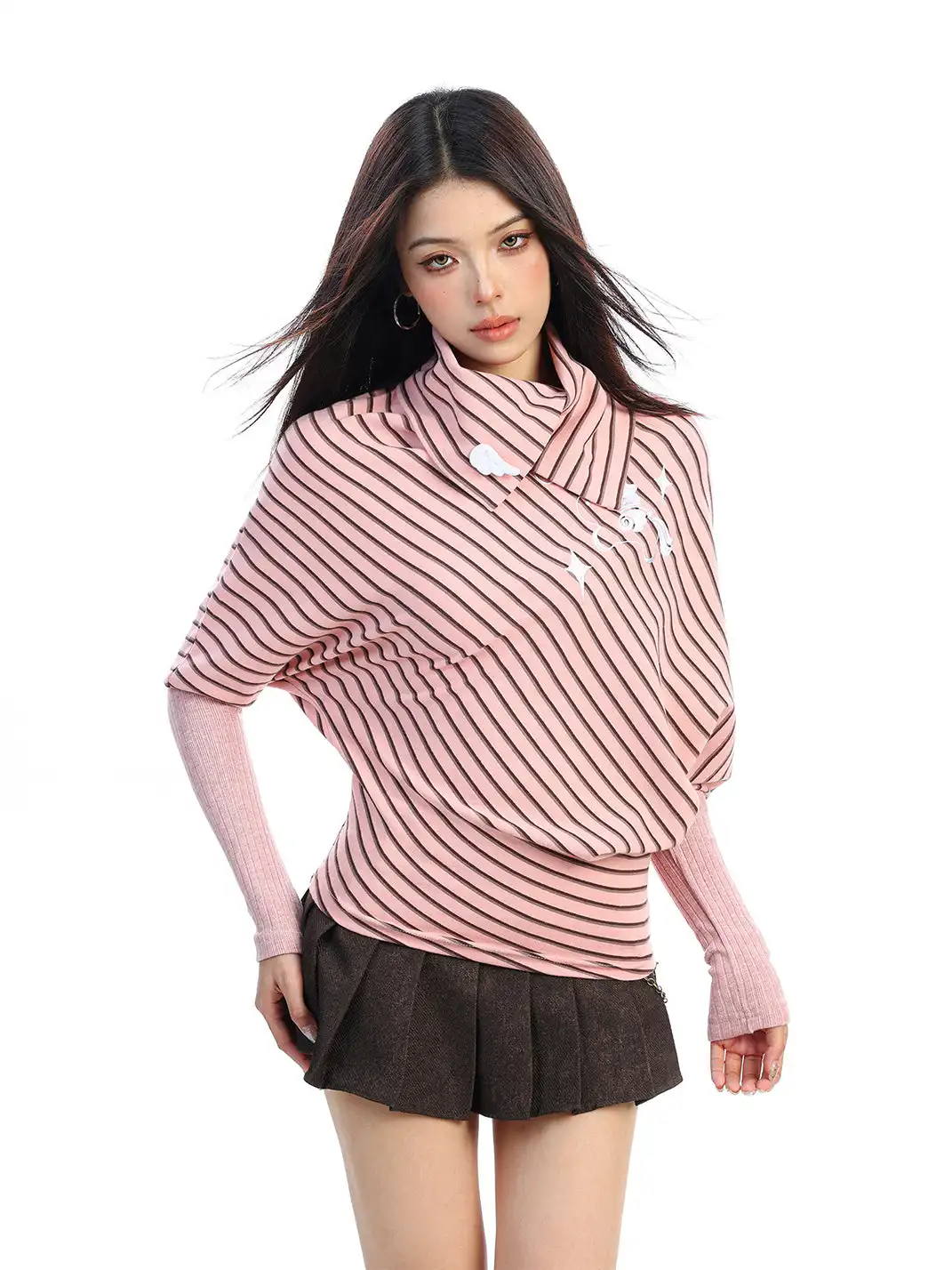 BIGGOLD | Irregular Striped Turtleneck Long-Sleeved Top