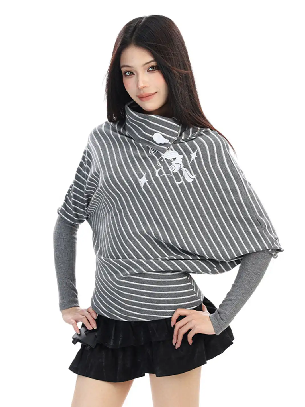 BIGGOLD | Irregular Striped Turtleneck Long-Sleeved Top