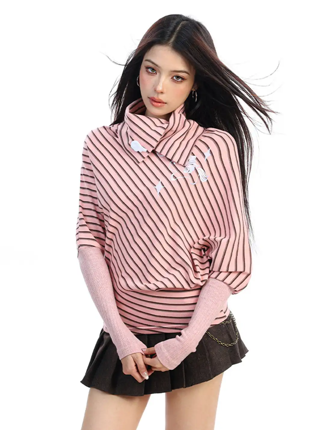BIGGOLD | Irregular Striped Turtleneck Long-Sleeved Top
