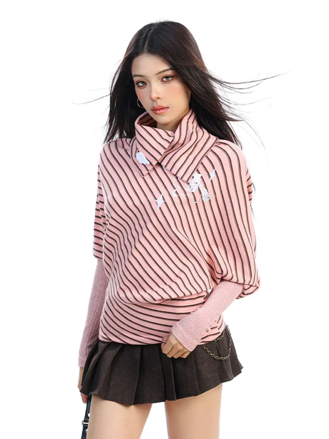 BIGGOLD | Irregular Striped Turtleneck Long-Sleeved Top