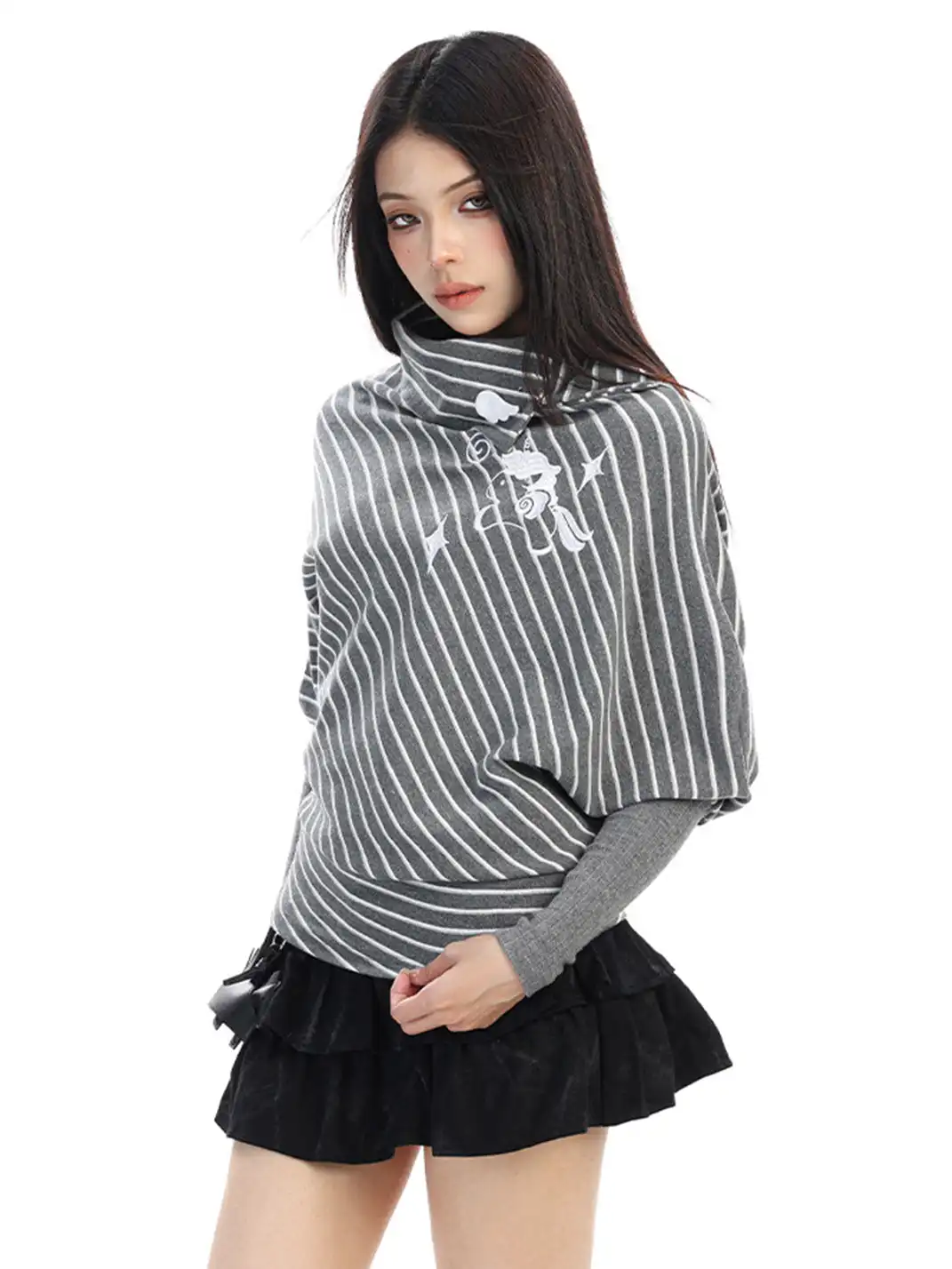 BIGGOLD | Irregular Striped Turtleneck Long-Sleeved Top