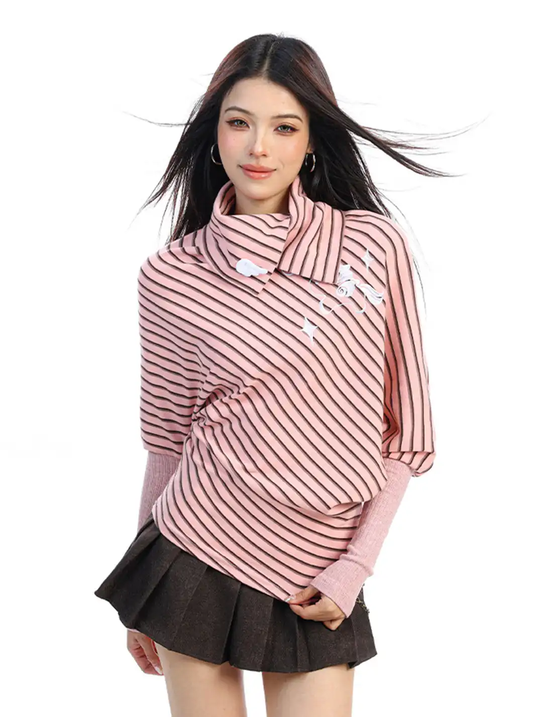 BIGGOLD | Irregular Striped Turtleneck Long-Sleeved Top