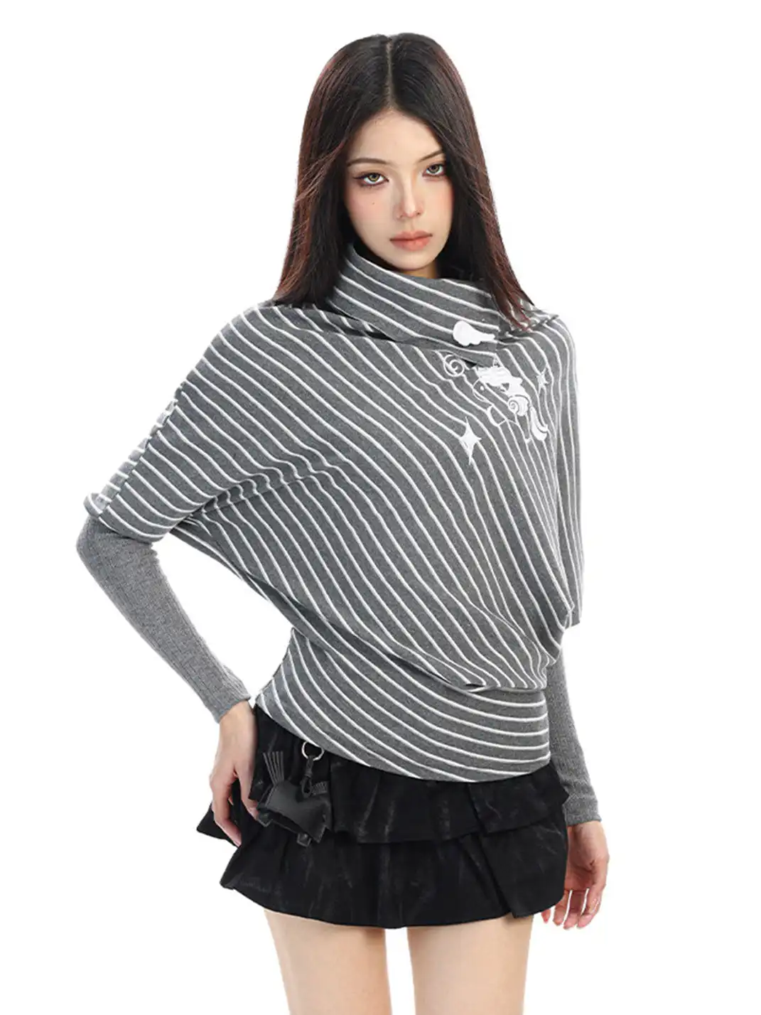 BIGGOLD | Irregular Striped Turtleneck Long-Sleeved Top