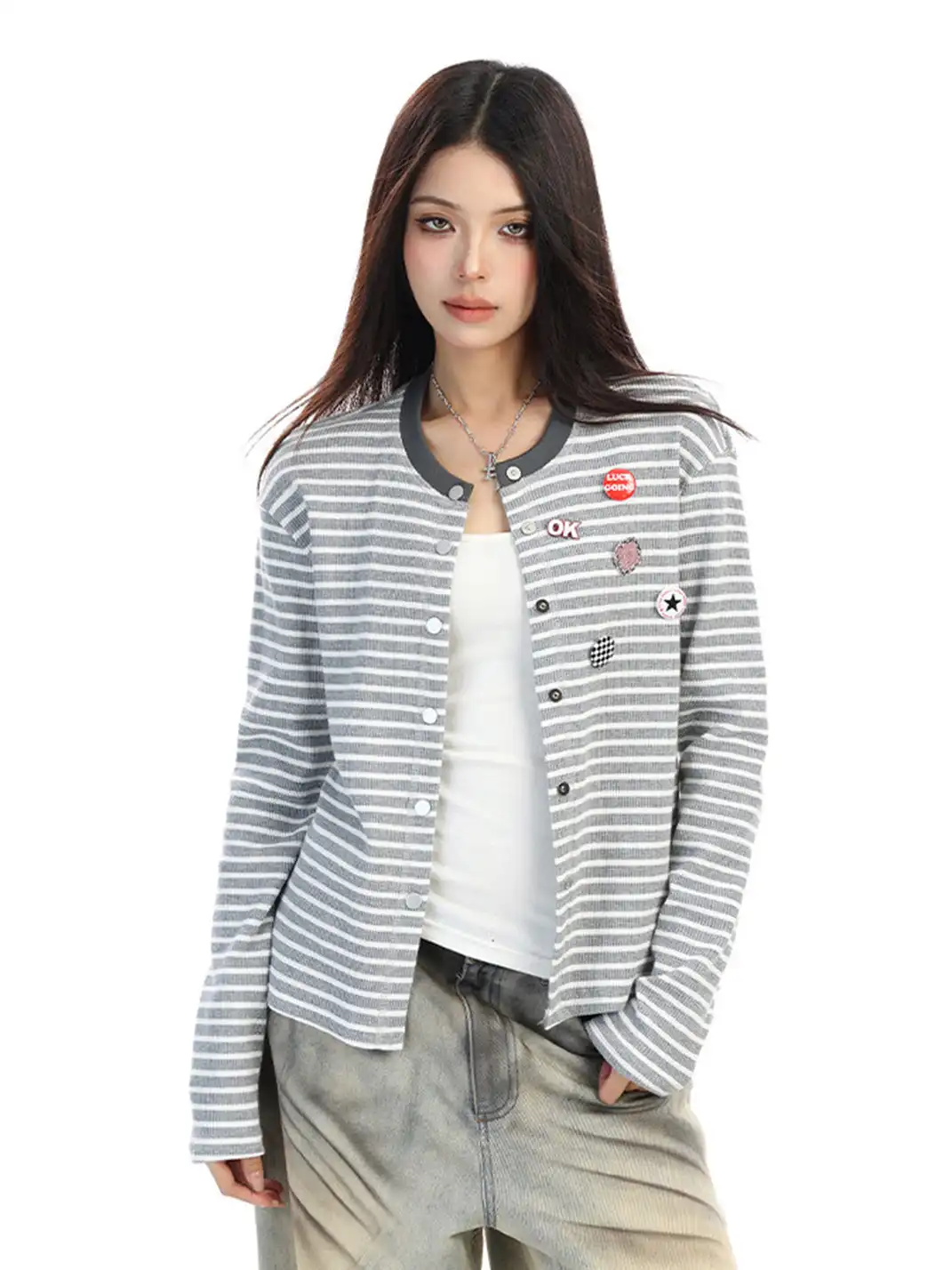 BIGGOLD | Badge Pin Striped Top