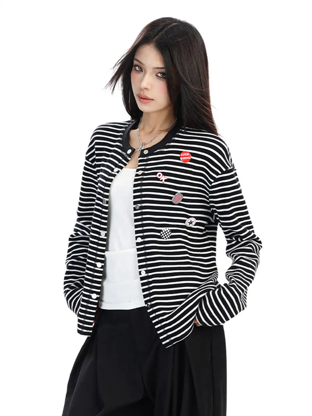 BIGGOLD | Badge Pin Striped Top