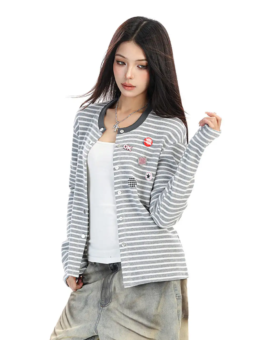 BIGGOLD | Badge Pin Striped Top