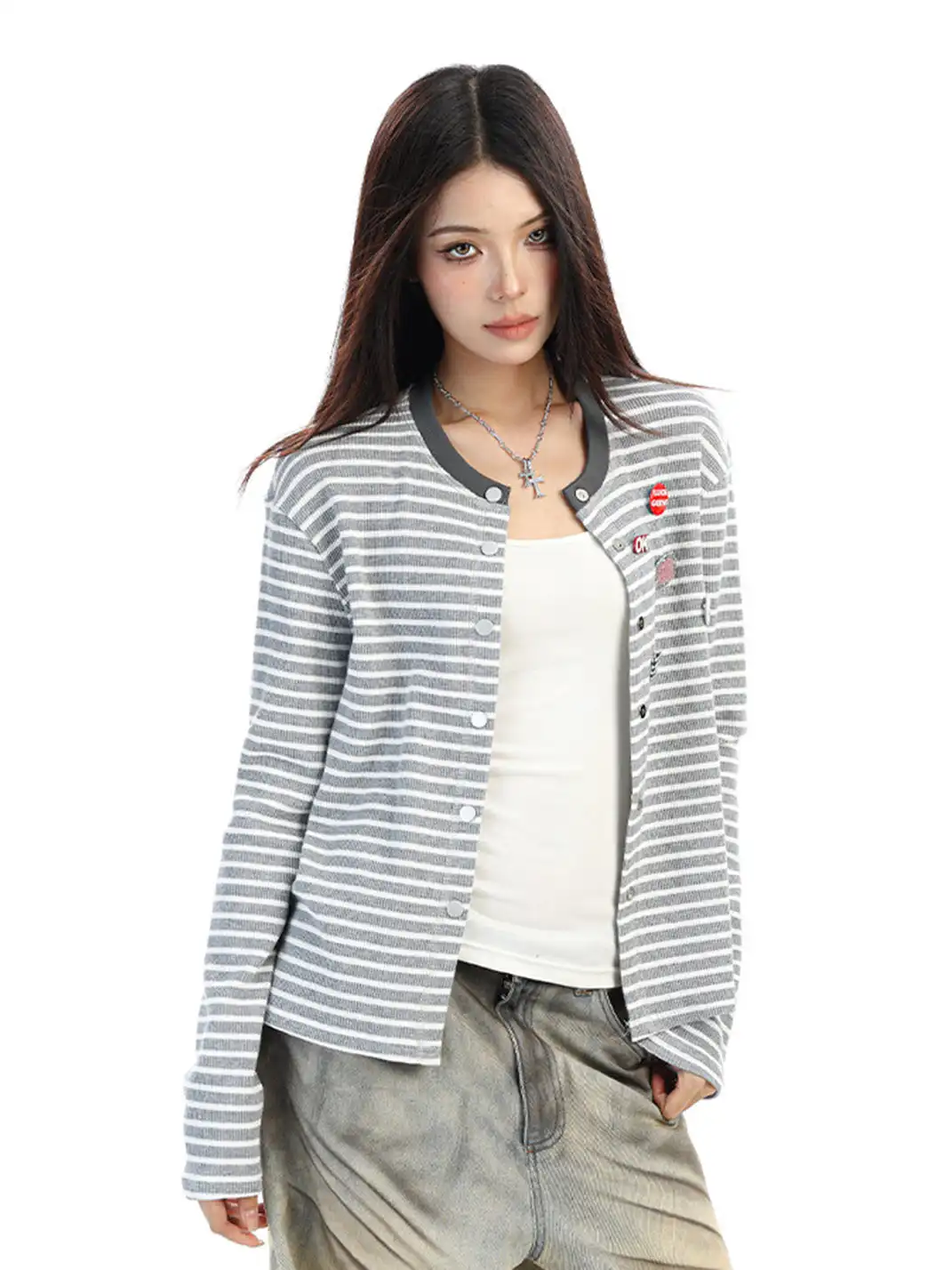 BIGGOLD | Badge Pin Striped Top