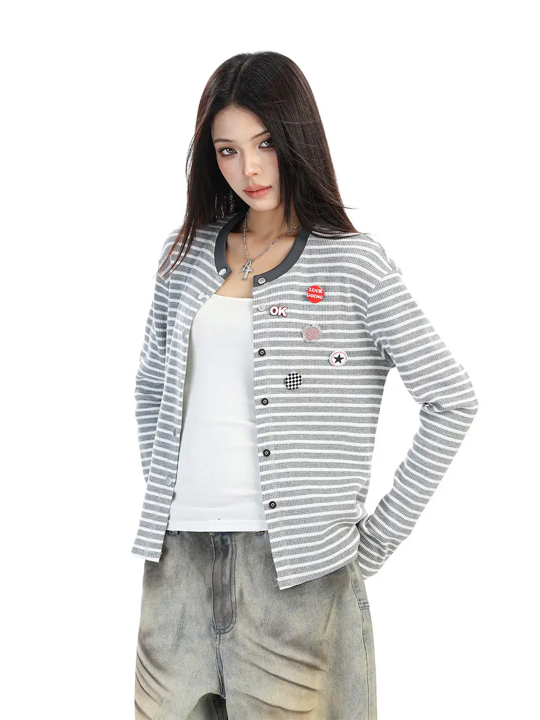BIGGOLD | Badge Pin Striped Top