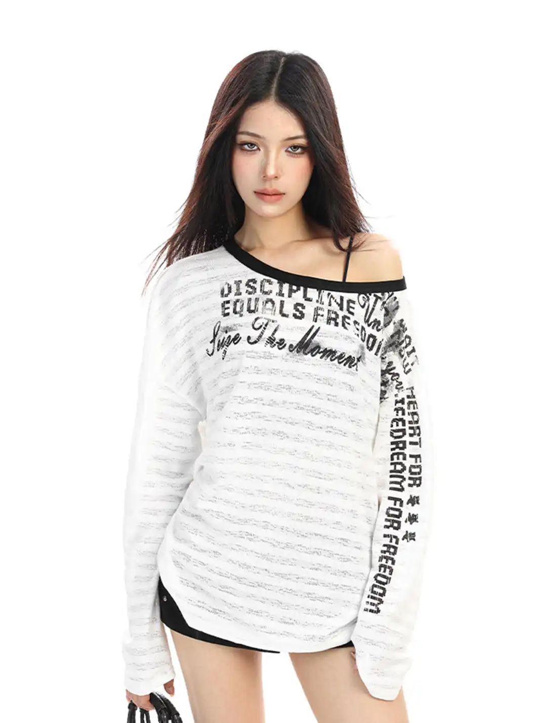 BIGGOLD | Color-Blocked Letter Off-Shoulder Long Sleeve